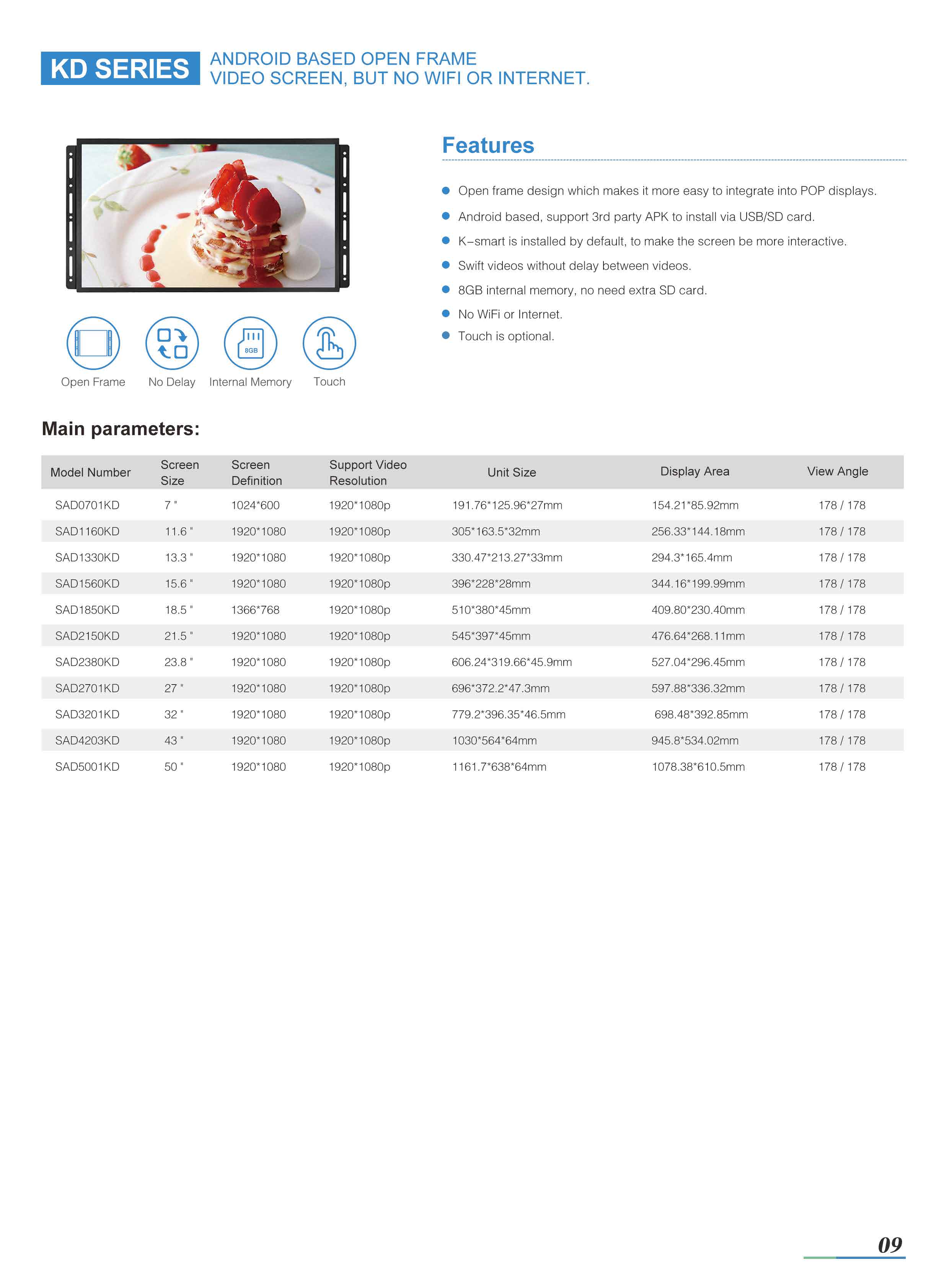 Open frame Digital Signage Multiple size datasheet